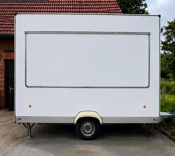 Blanker weißer Imbisswagen vor der Folierung